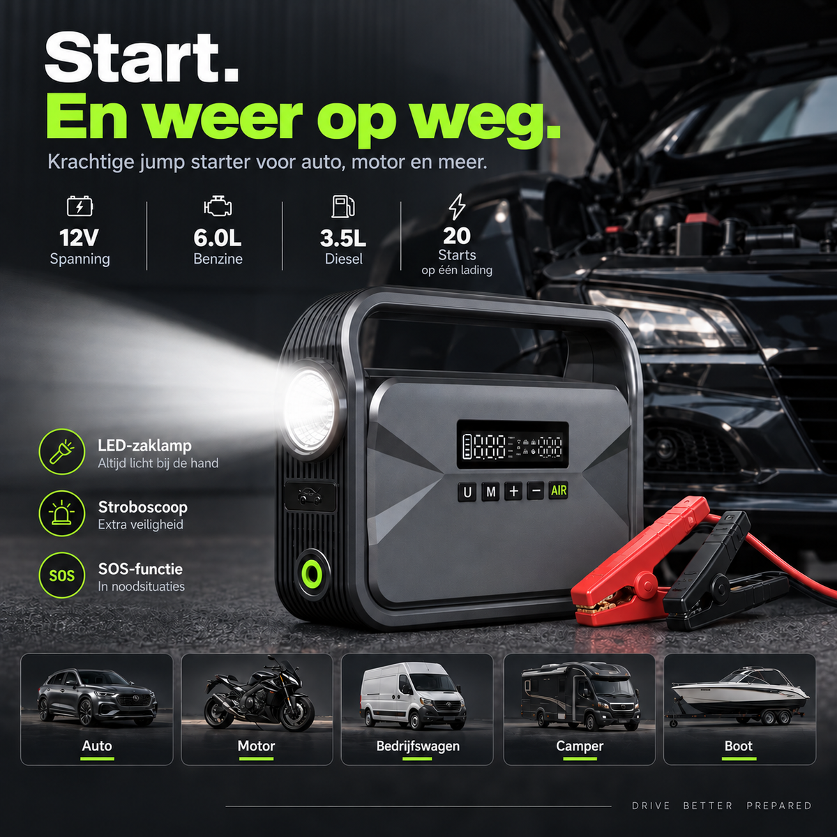 QSTOCK IGNITE Jump Starter met luchtcompressor